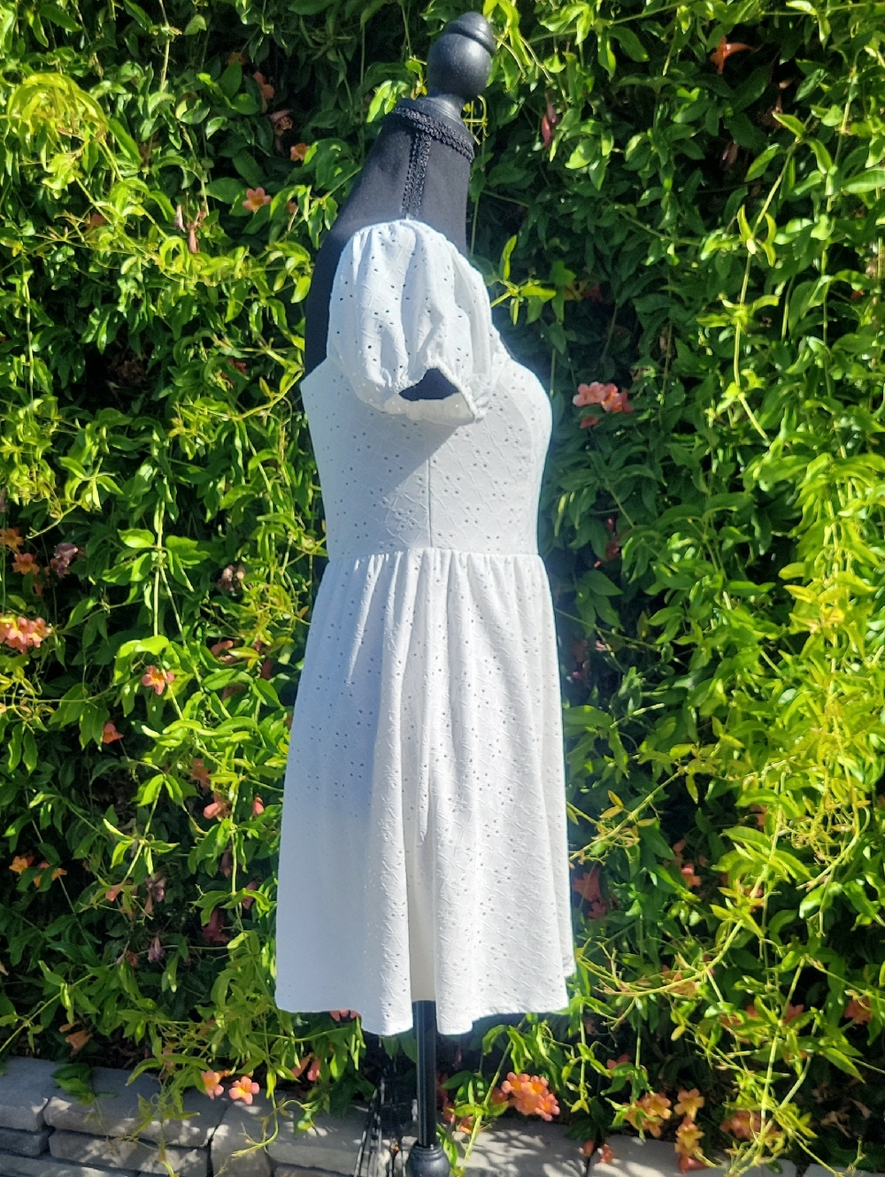 White Eyelet Puff-Sleeve Boho Mini Dress  Graduation Dress M - Picture 5 of 16